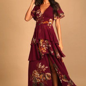 Lulu's Midnight Mood Burgundy Floral Print Tiered Maxi Dress